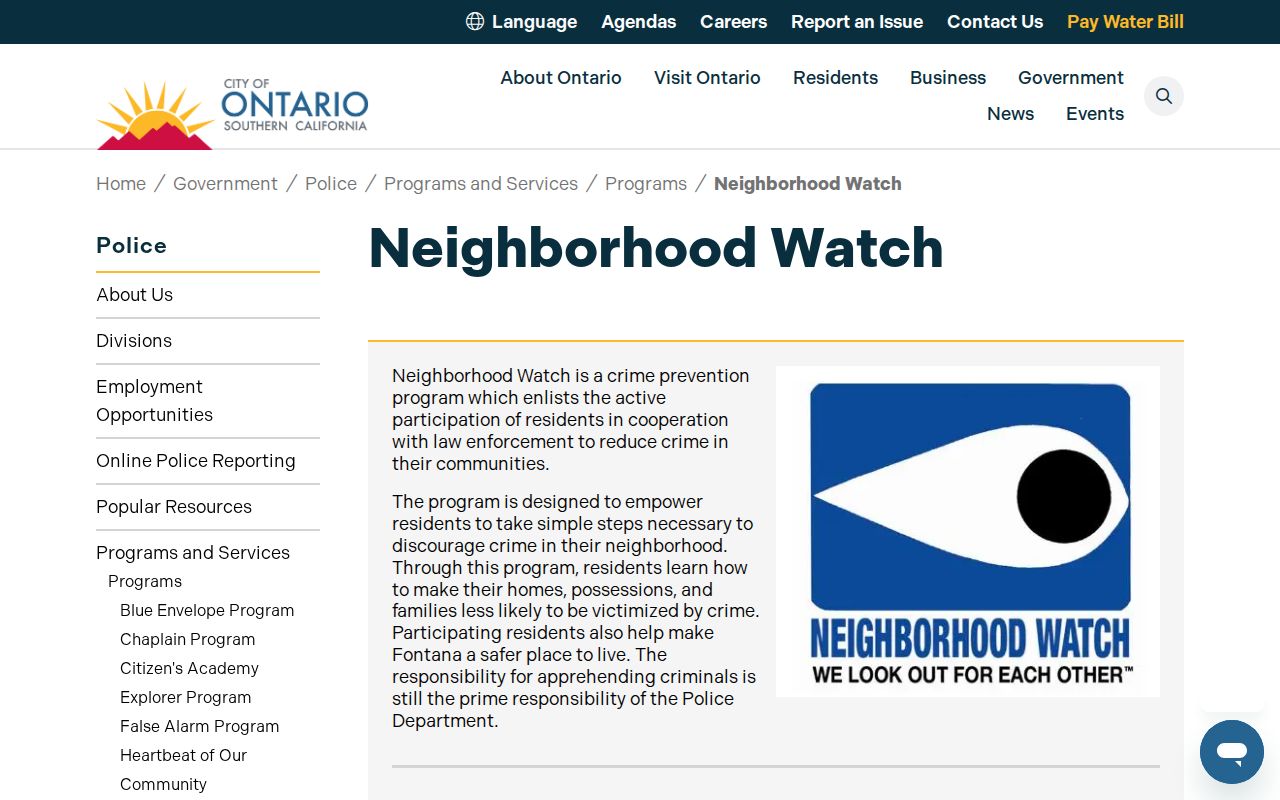 Ontario neighbors directory Neighborhood Watch contact program