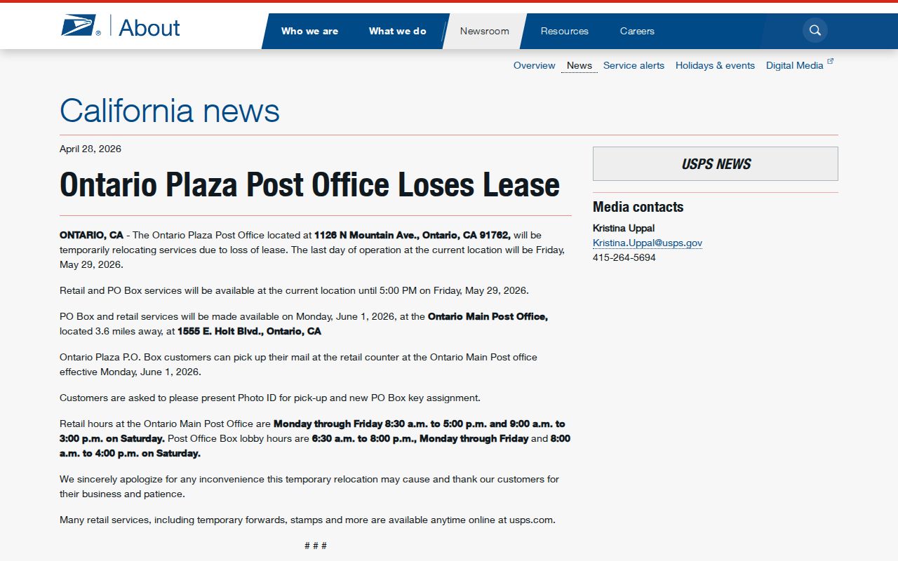 Ontario ZIP code USPS Ontario Plaza service notice